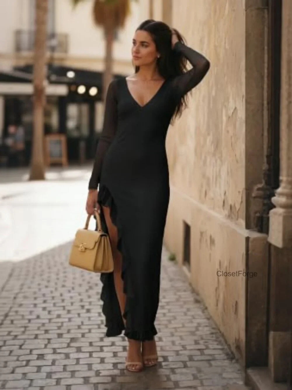 Slim Fit Bodycon Maxi Dress Long Sleeve V-Neck High Slit